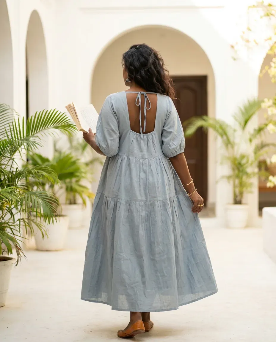 Dusty Blue Tiered Cotton Dress