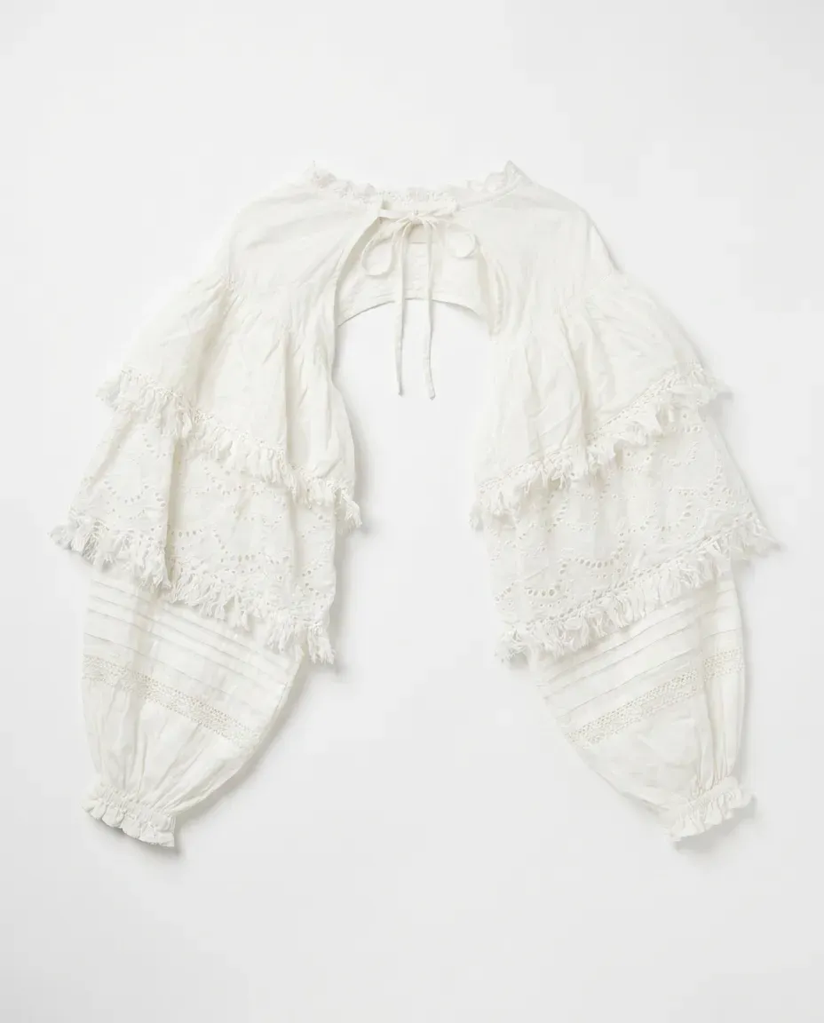 Ivory Eyelet Ruffle Shrug by SHBT